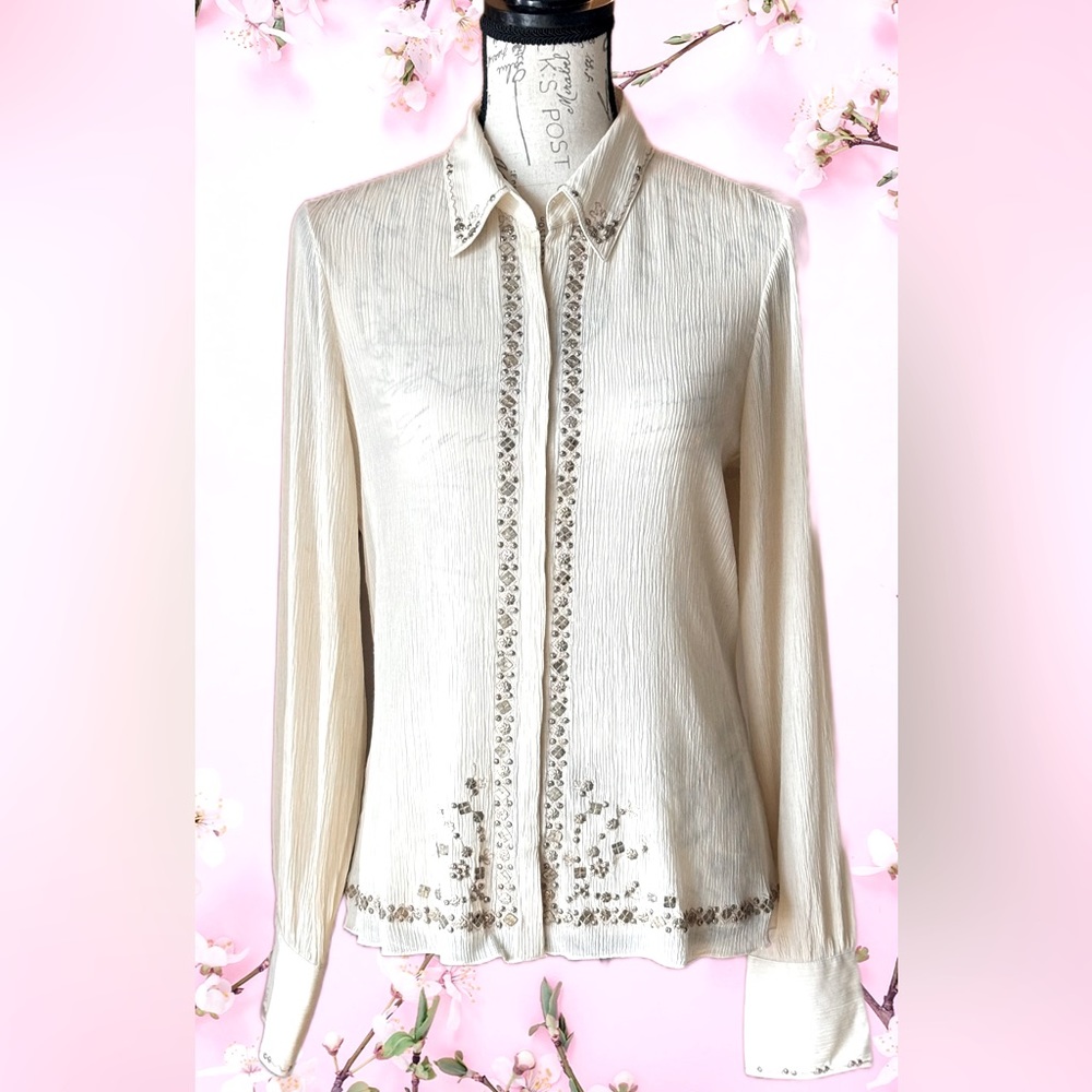 ELIE TAHARI Silk Blouse with brushed bronze metal detail - (M) - NWT, never worn